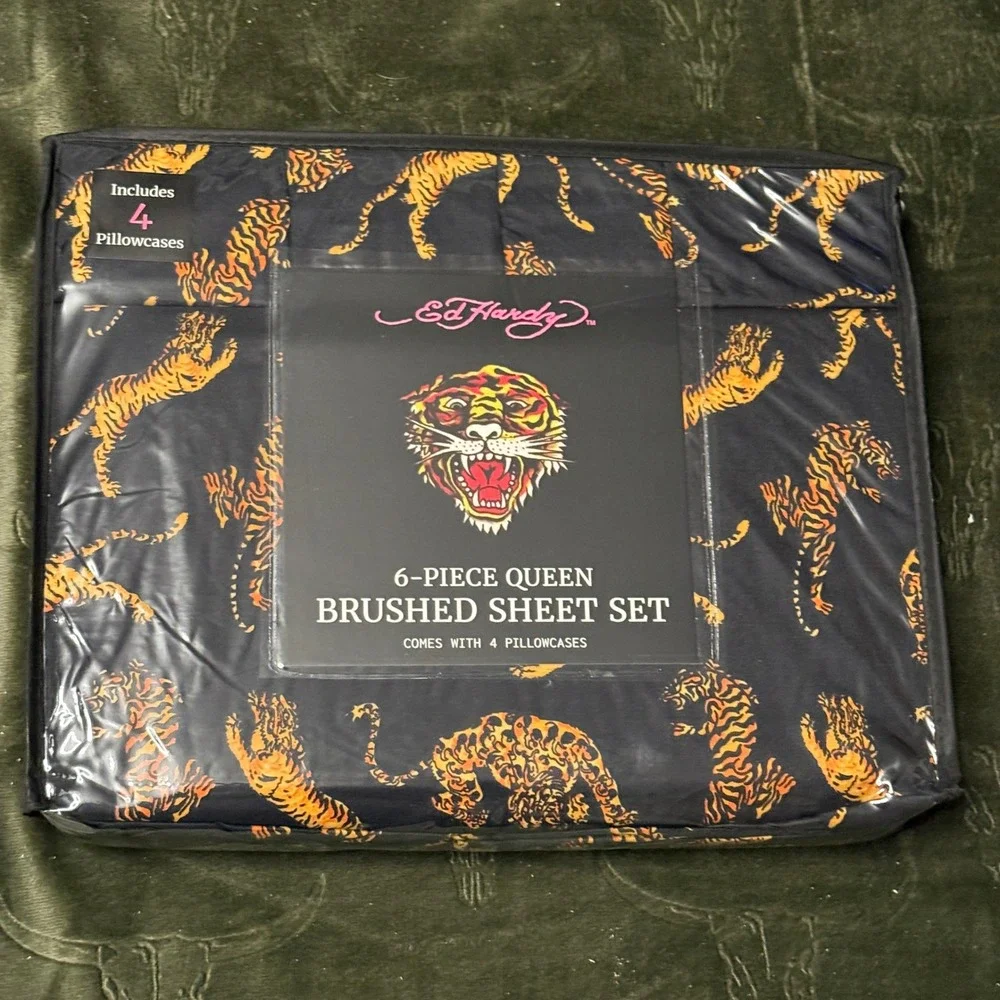 Ed Hardy Sheet Set Queen New 6-Piece Cheetah Tiger Tattoo Print